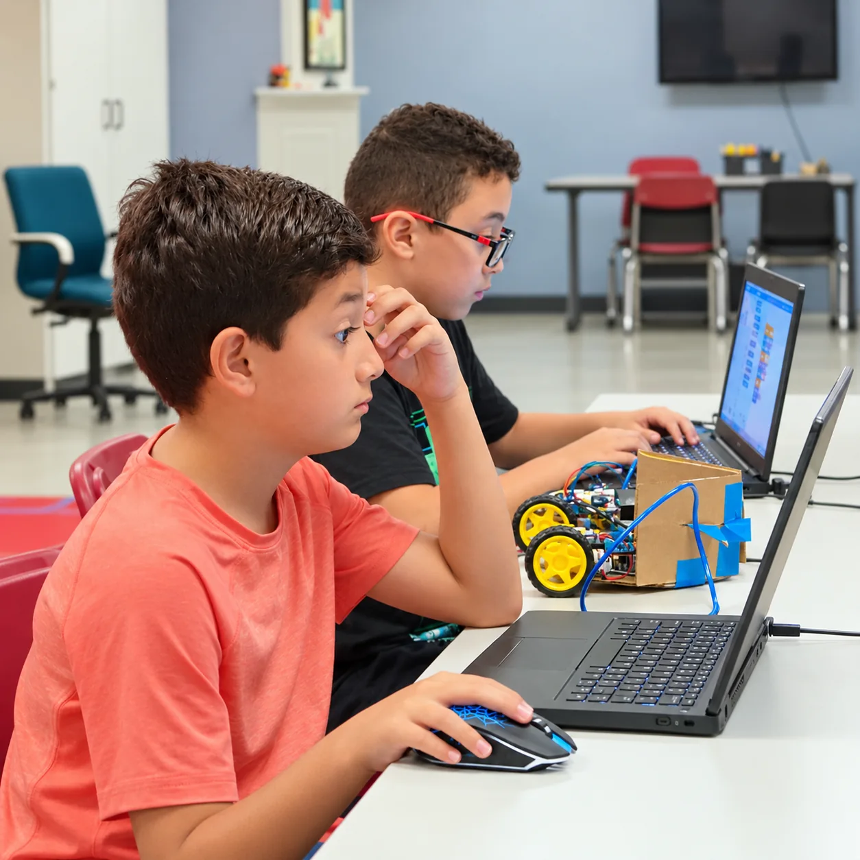 Two learners programming alongside a wheeled robot