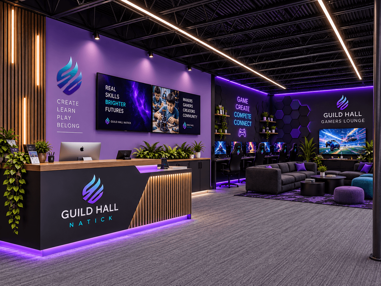 Guild Hall Natick reception desk and gamers lounge with seating and purple accent lighting
