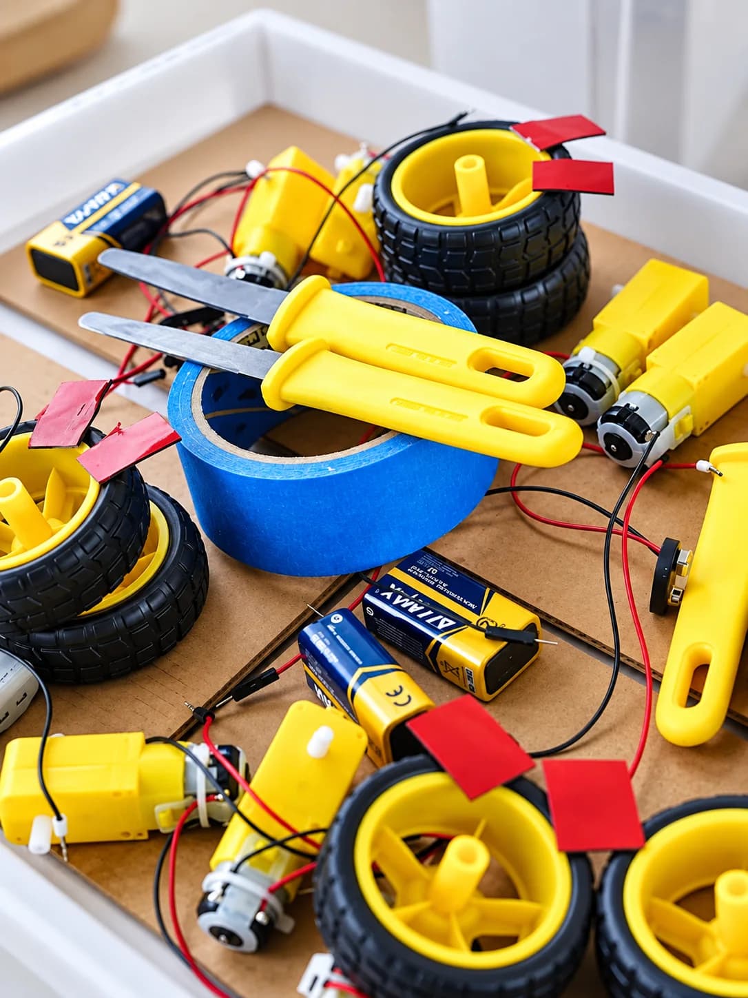 A tray of wheels, motors, batteries, tape and hand tools for robot building