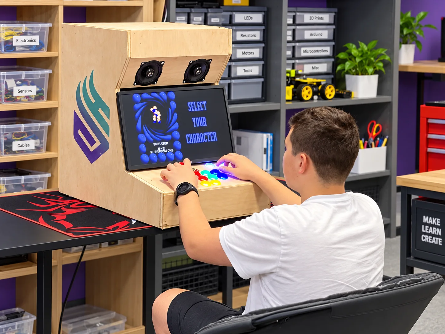 A young person using a wooden arcade cabinet in the studio