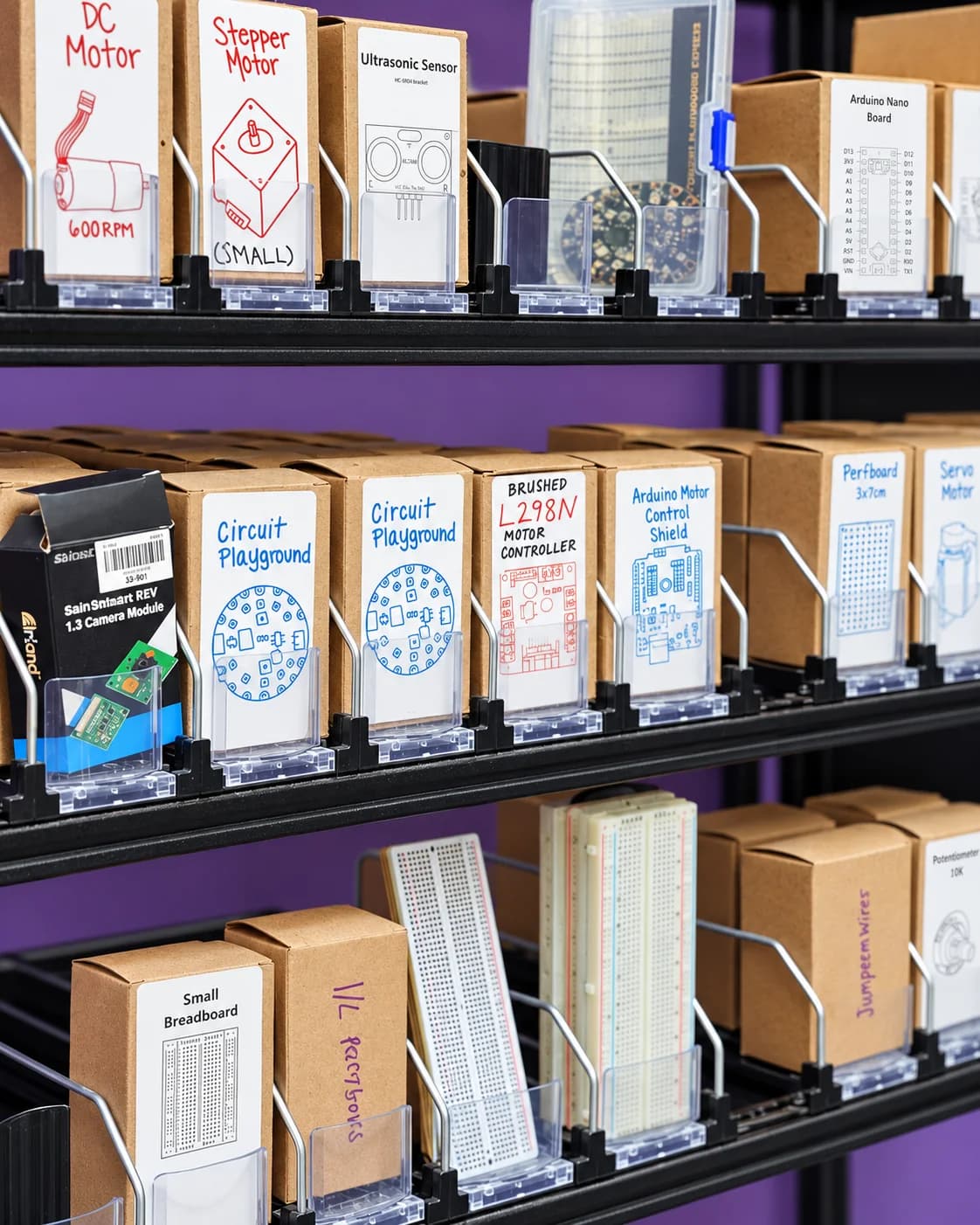 Organized motors, sensors and electronics for making