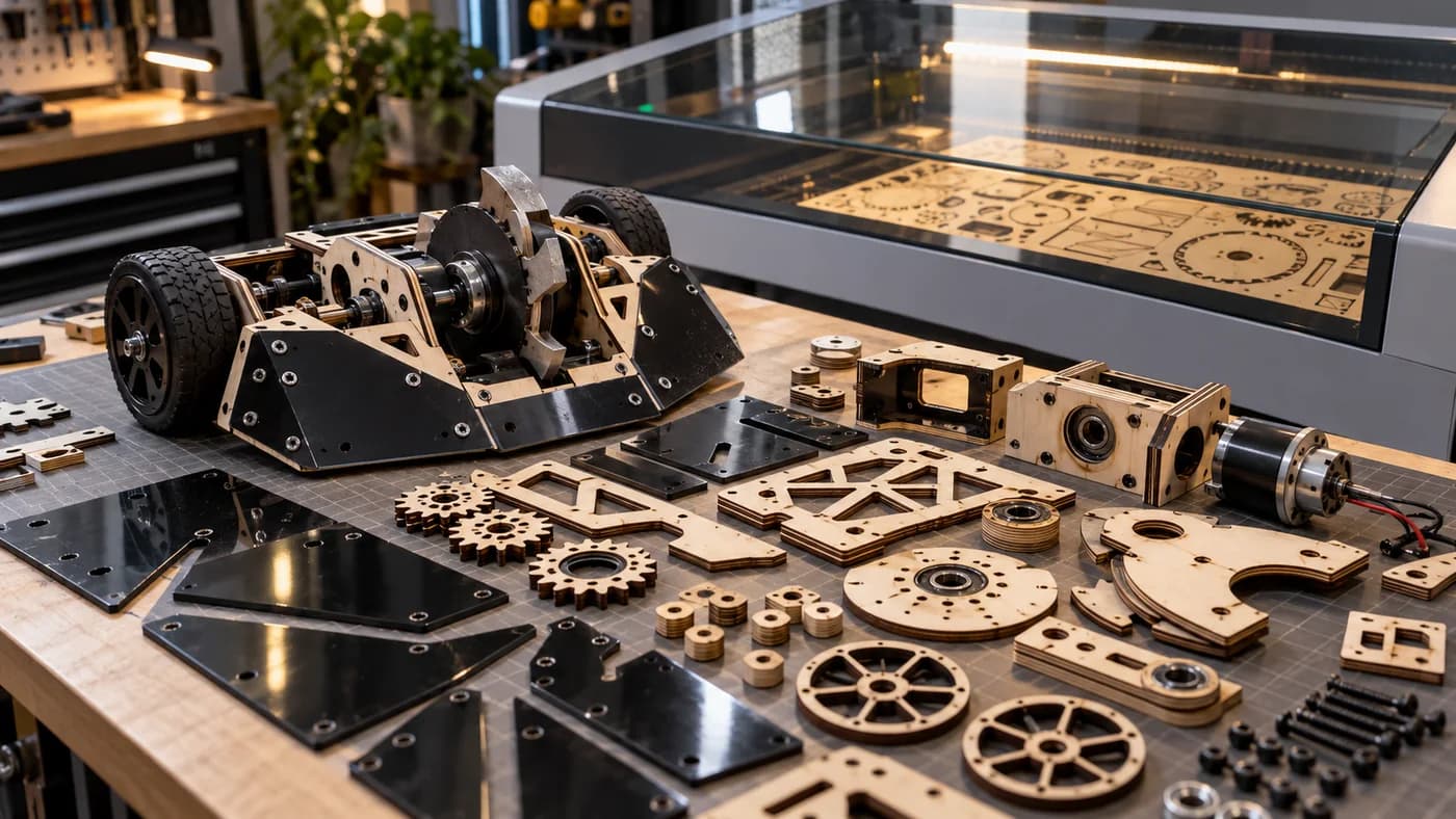Robot components and cut panels beside a laser cutter