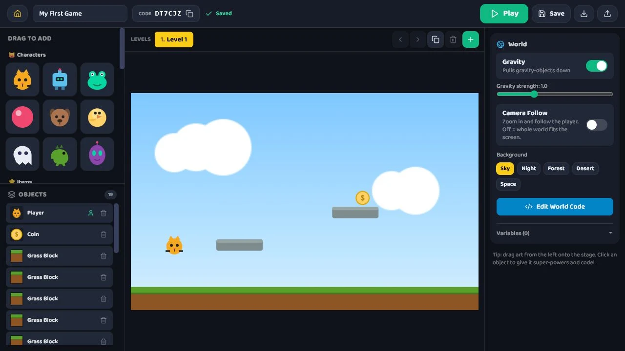 Actual Libra editor with asset palette, game stage, world settings, and play controls