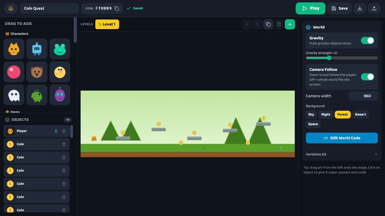 Coin Quest starter game in Libra with characters, coins and world controls