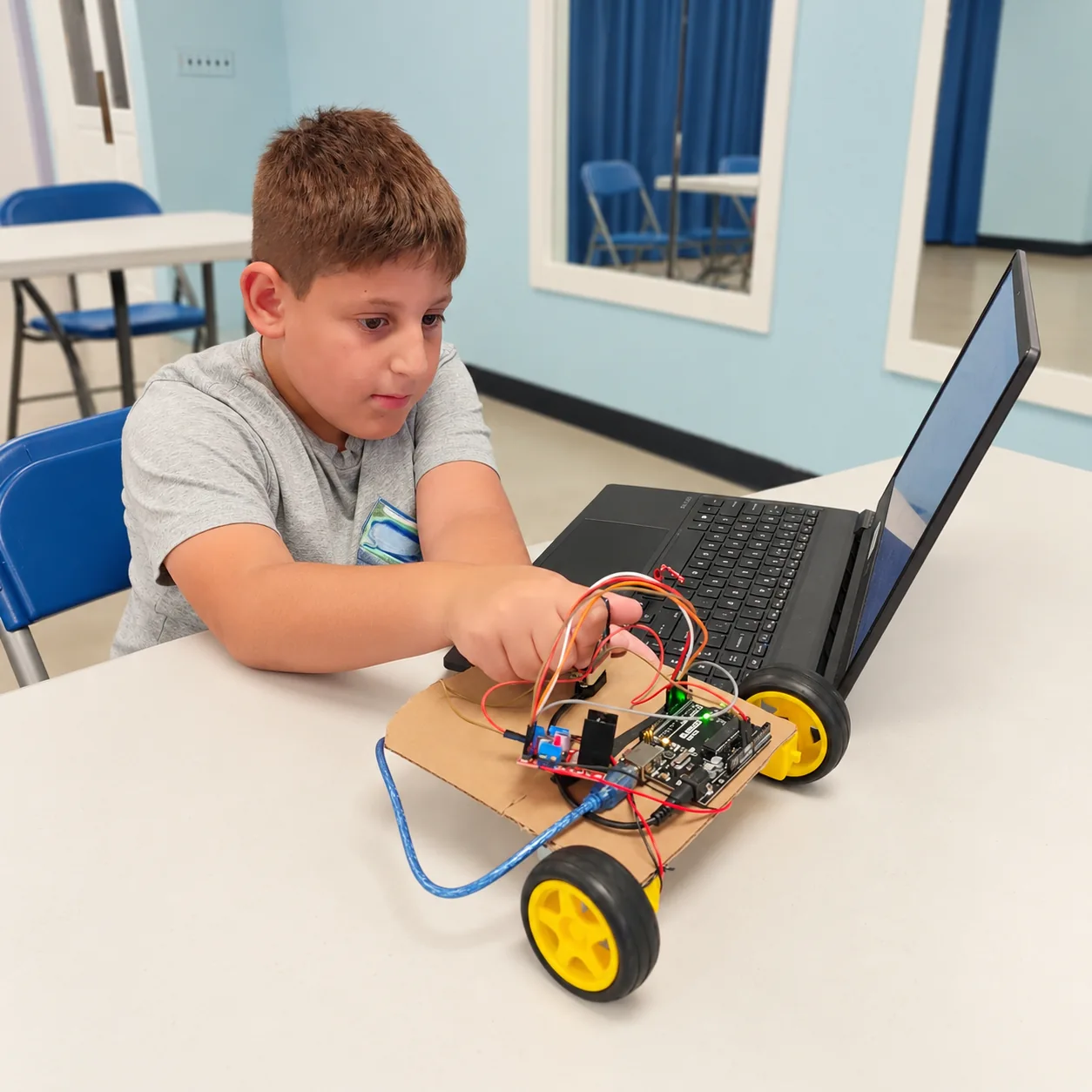 A young learner using a laptop beside a small wheeled robot