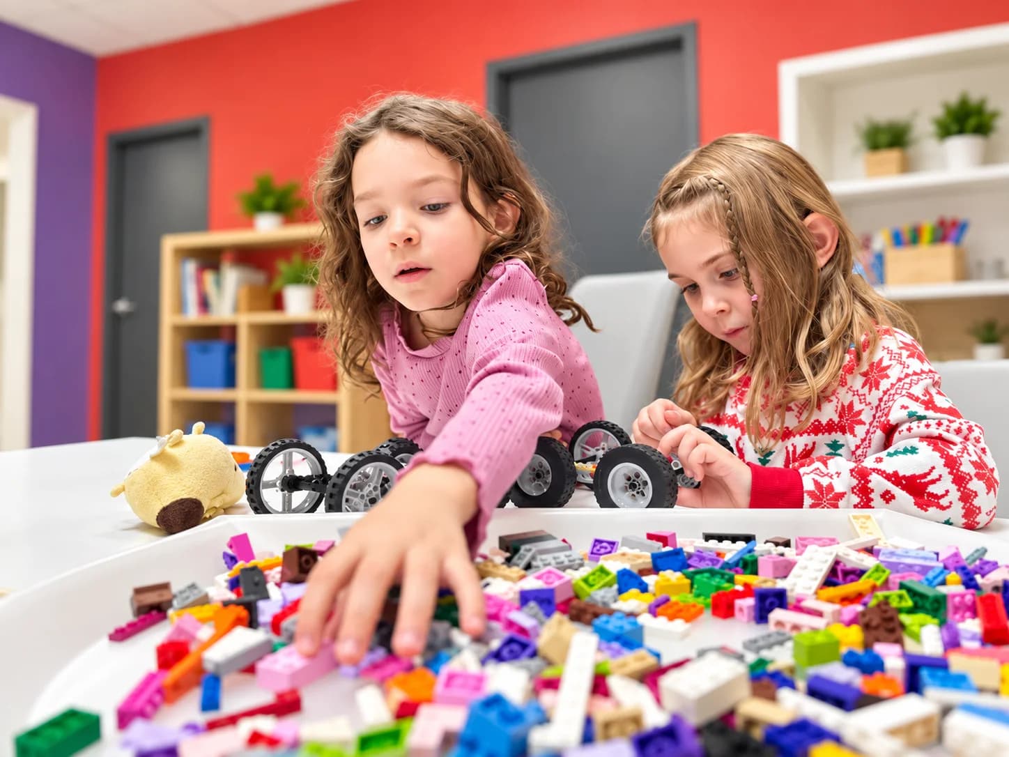 Two young makers building wheeled projects with colorful construction bricks