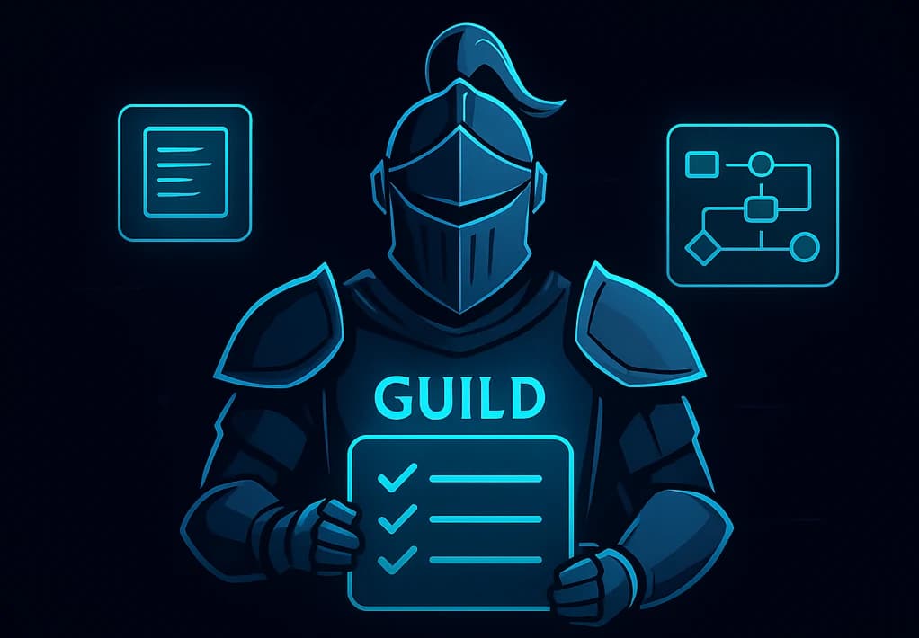GuildQuest AI Squire artwork showing a knight with a project checklist