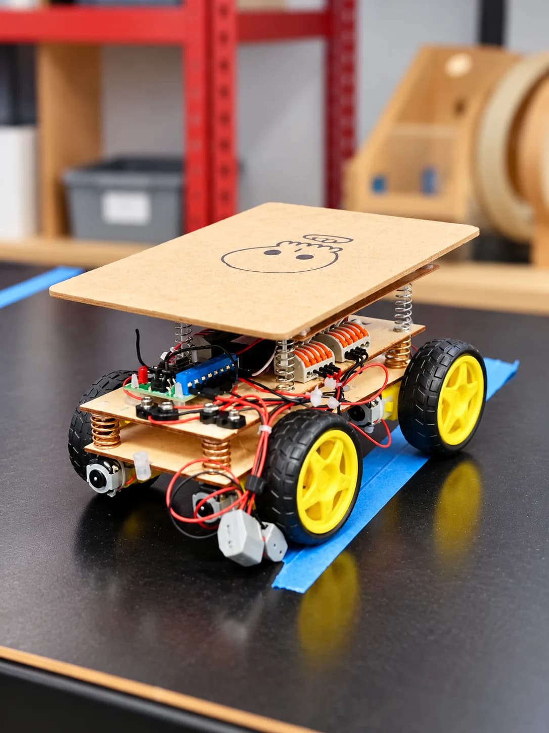 A robot chassis with yellow wheels and exposed electronics