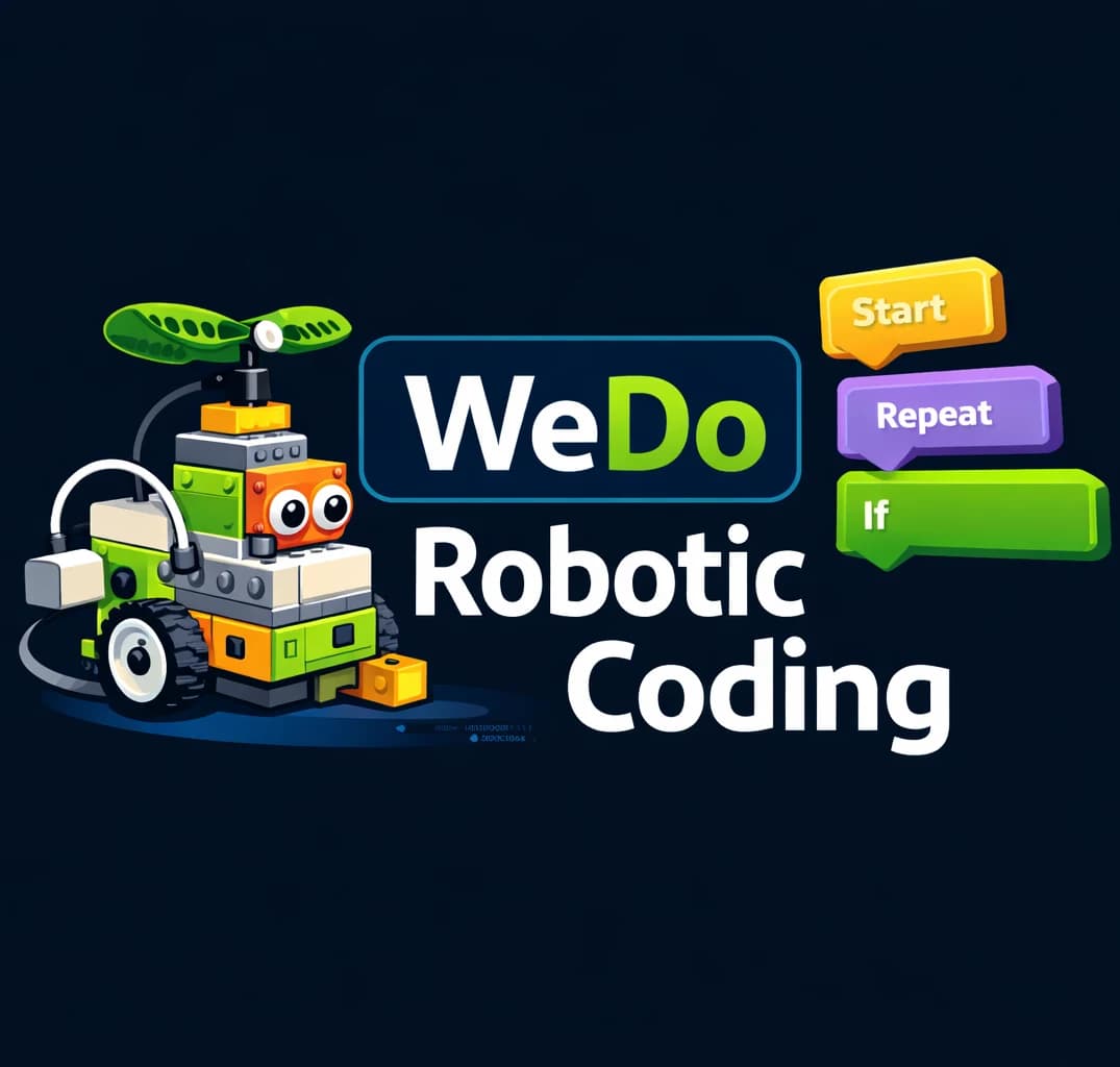 WeDo Robotic Coding product artwork with a LEGO robot and programming blocks